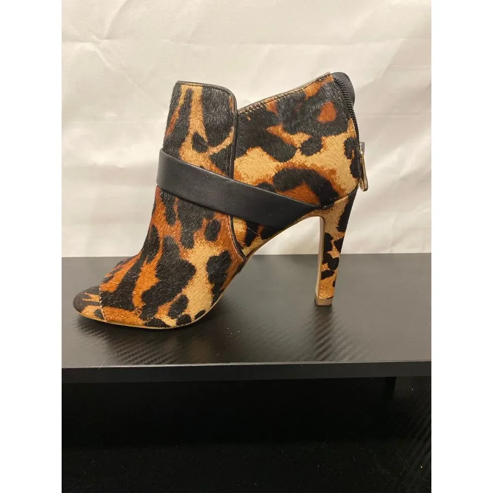 Louise et Cie Lo Lander 3 Leopard Bootie Calf Pony Hair‎ Fur Peep Heel Zip Gold